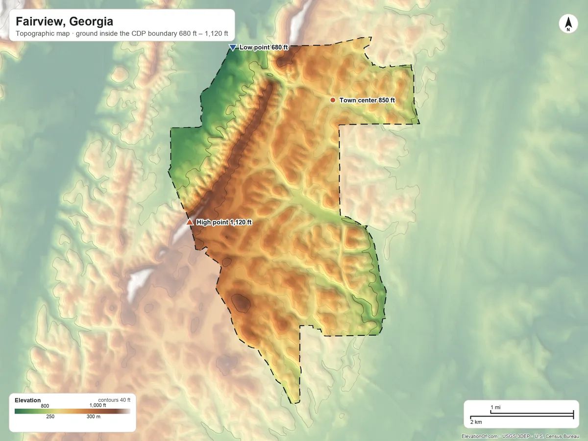 Topographic elevation map of Fairview, Georgia, shaded from 680 ft on the northwest side to 1,120 ft on the southwest side