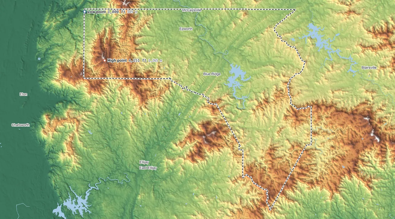 Topographic elevation map of Fannin County, Georgia, shaded from 1,000 ft on the northwest side to 4,151 ft on Cowpen Mountain