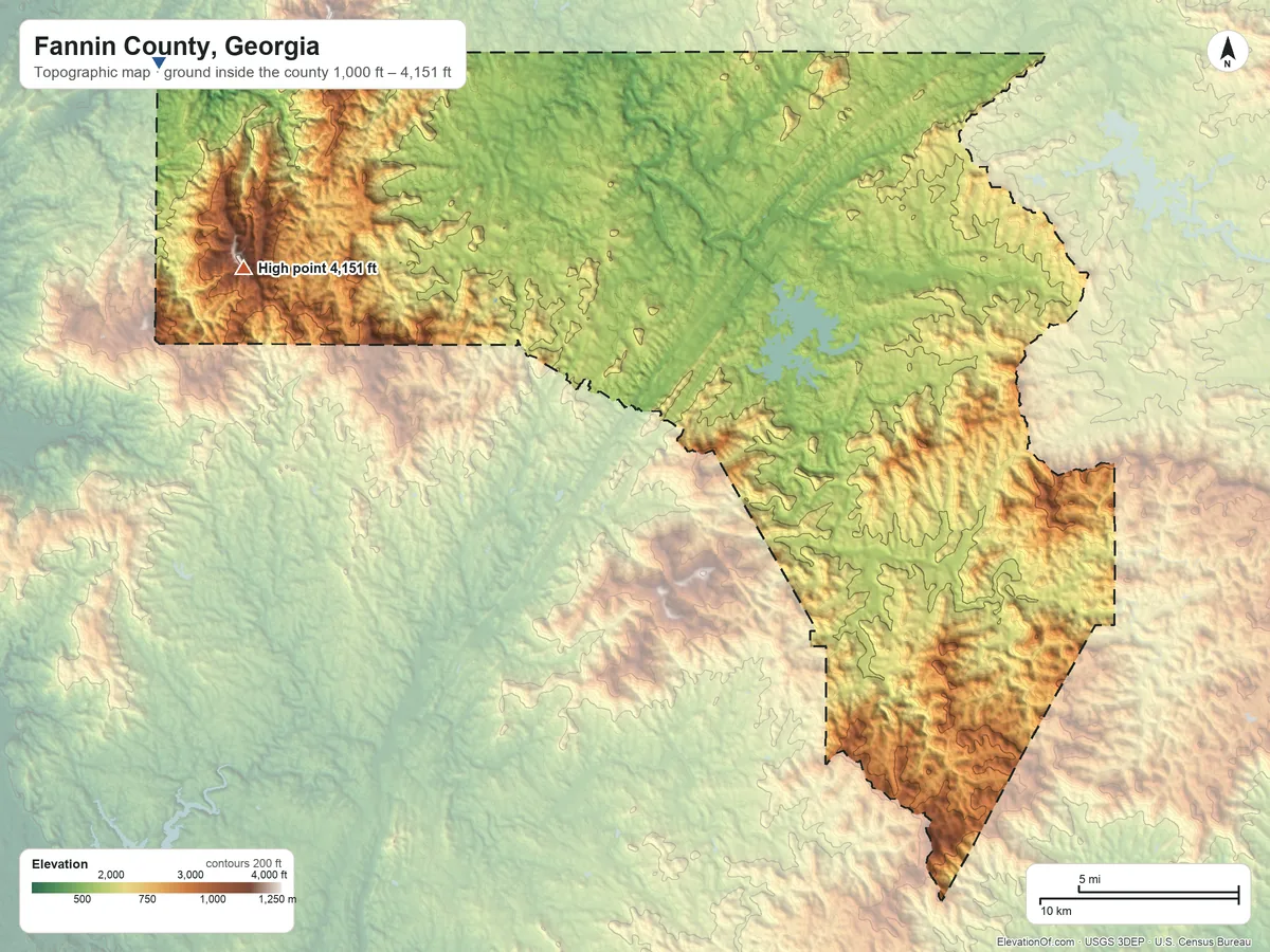 Topographic elevation map of Fannin County, Georgia, shaded from 1,000 ft on the northwest side to 4,151 ft on Cowpen Mountain