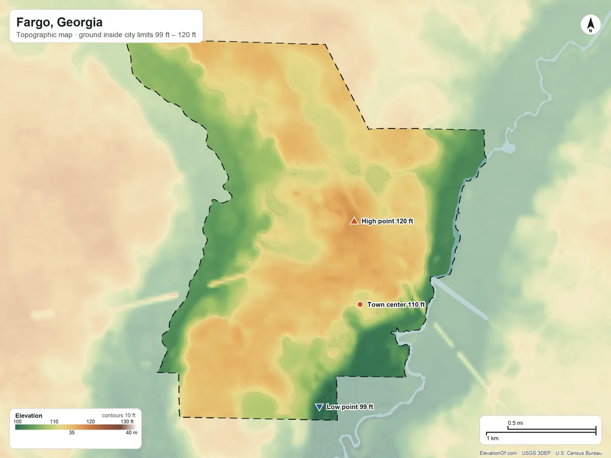 Topographic elevation map of Fargo, Georgia, shaded from 99 ft on the south side to 120 ft on the north side