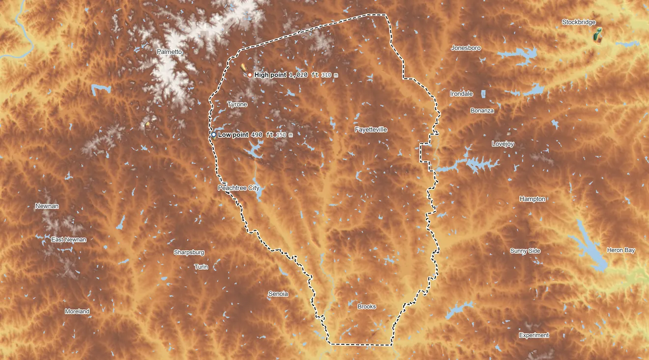 Topographic elevation map of Fayette County, Georgia, shaded from 490 ft on the west side to 1,020 ft on the northwest side