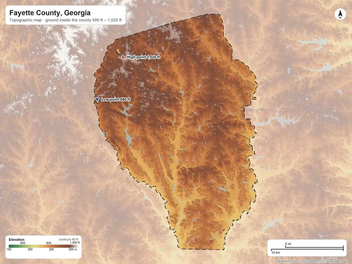 Topographic elevation map of Fayette County, Georgia, shaded from 490 ft on the west side to 1,020 ft on the northwest side