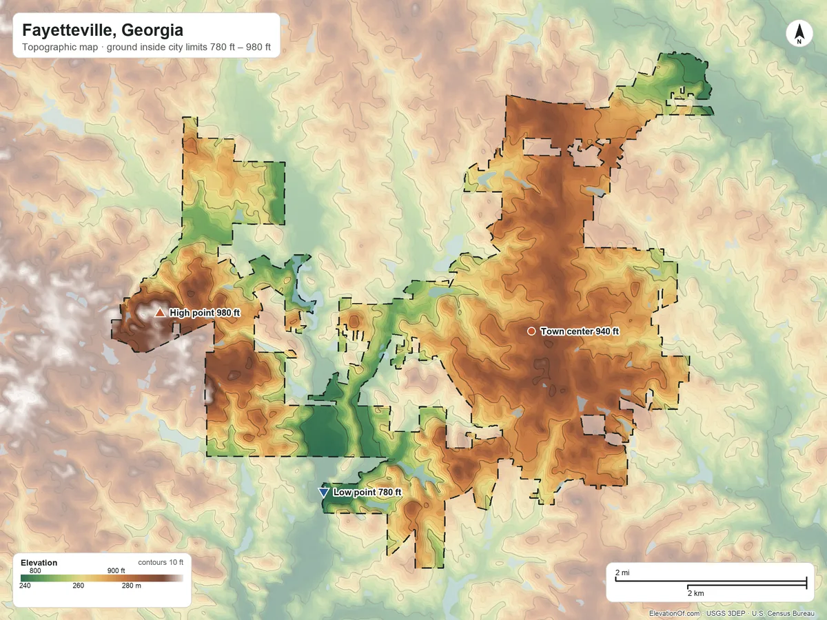 Topographic elevation map of Fayetteville, Georgia, shaded from 780 ft on the southwest side to 980 ft on the west side
