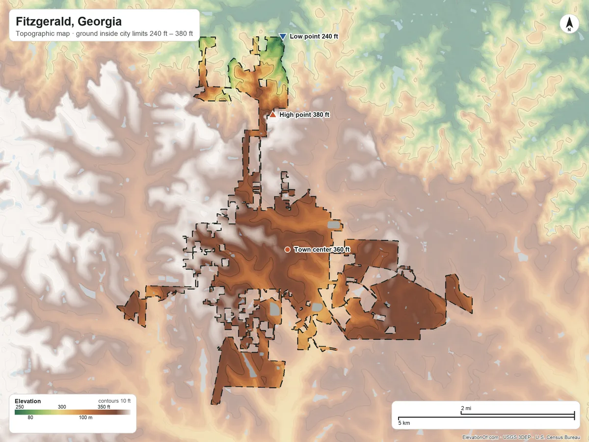 Topographic elevation map of Fitzgerald, Georgia, shaded from 240 ft on the north side to 380 ft on the north side