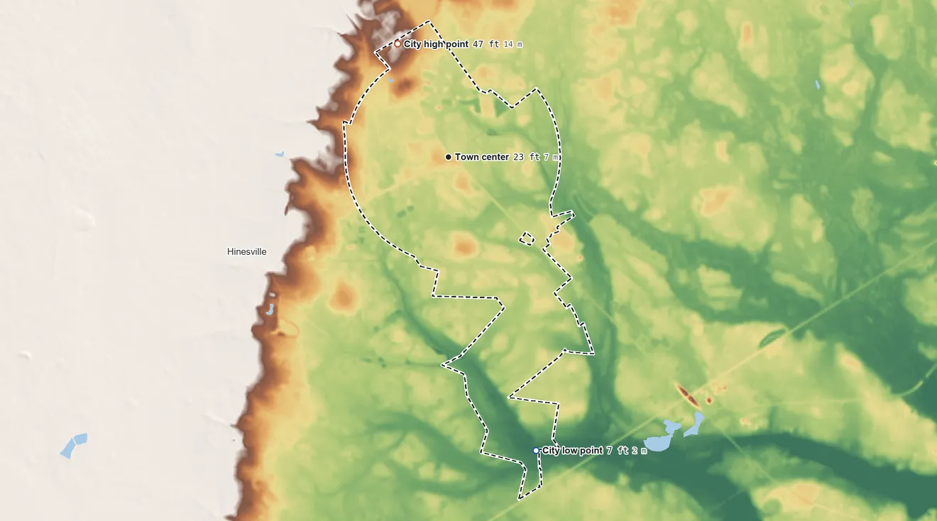 Topographic elevation map of Flemington, Georgia, shaded from 7 ft on the south side to 47 ft on the northwest side