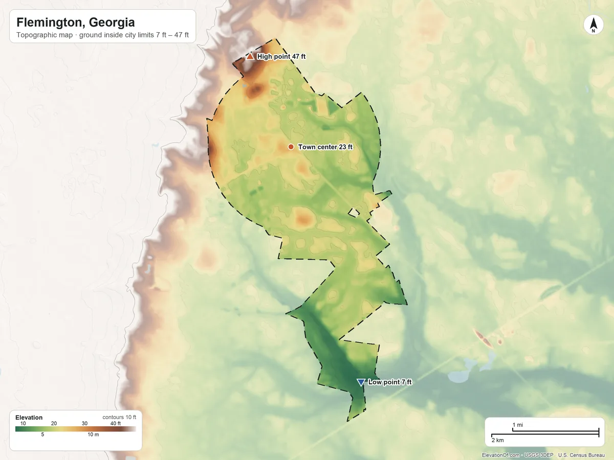 Topographic elevation map of Flemington, Georgia, shaded from 7 ft on the south side to 47 ft on the northwest side