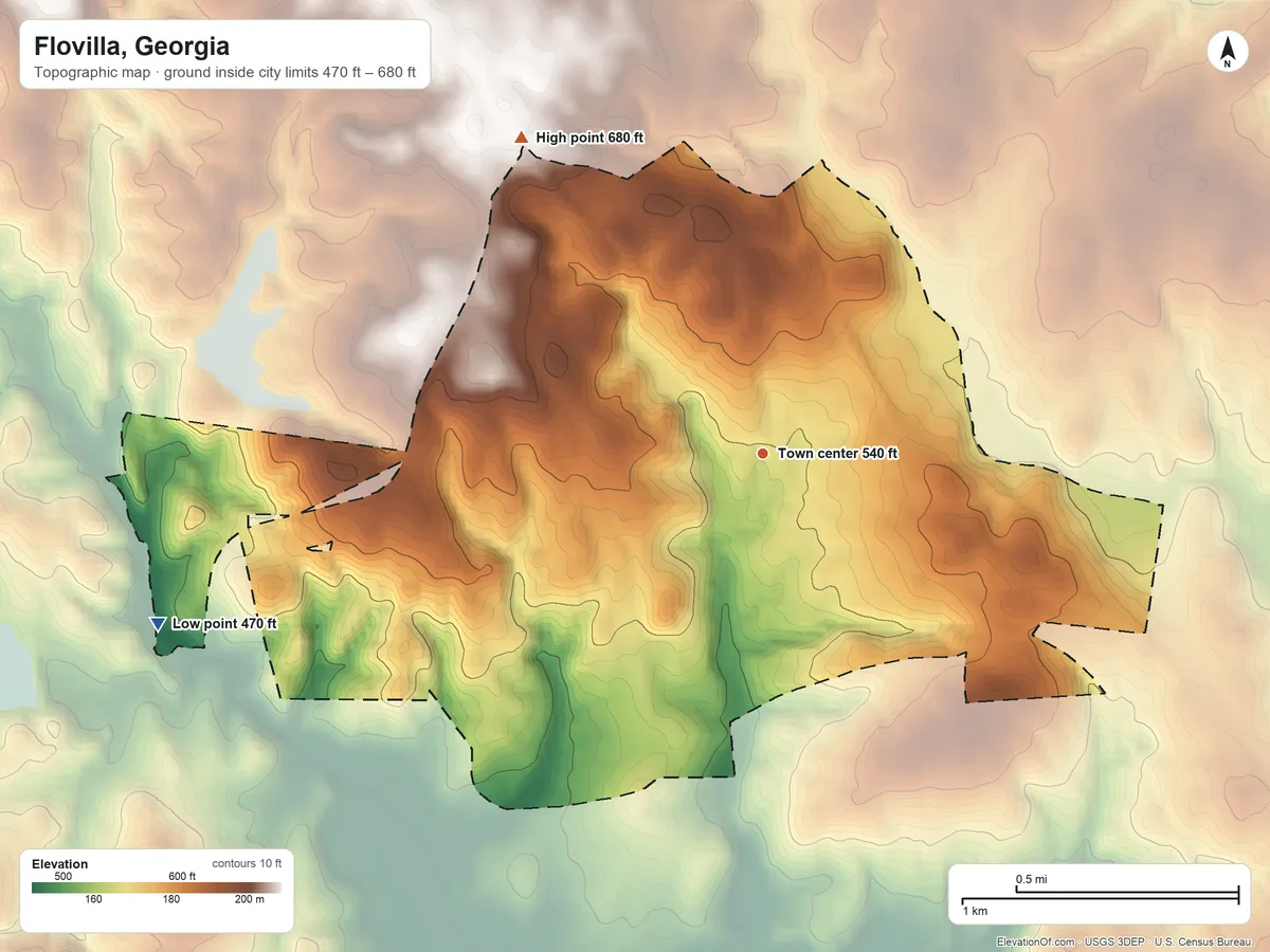 Topographic elevation map of Flovilla, Georgia, shaded from 470 ft on the west side to 680 ft on the northwest side