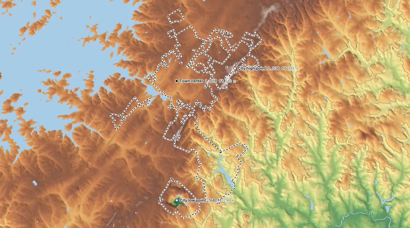 Topographic elevation map of Flowery Branch, Georgia, shaded from 760 ft on the south side to 1,330 ft on the east side