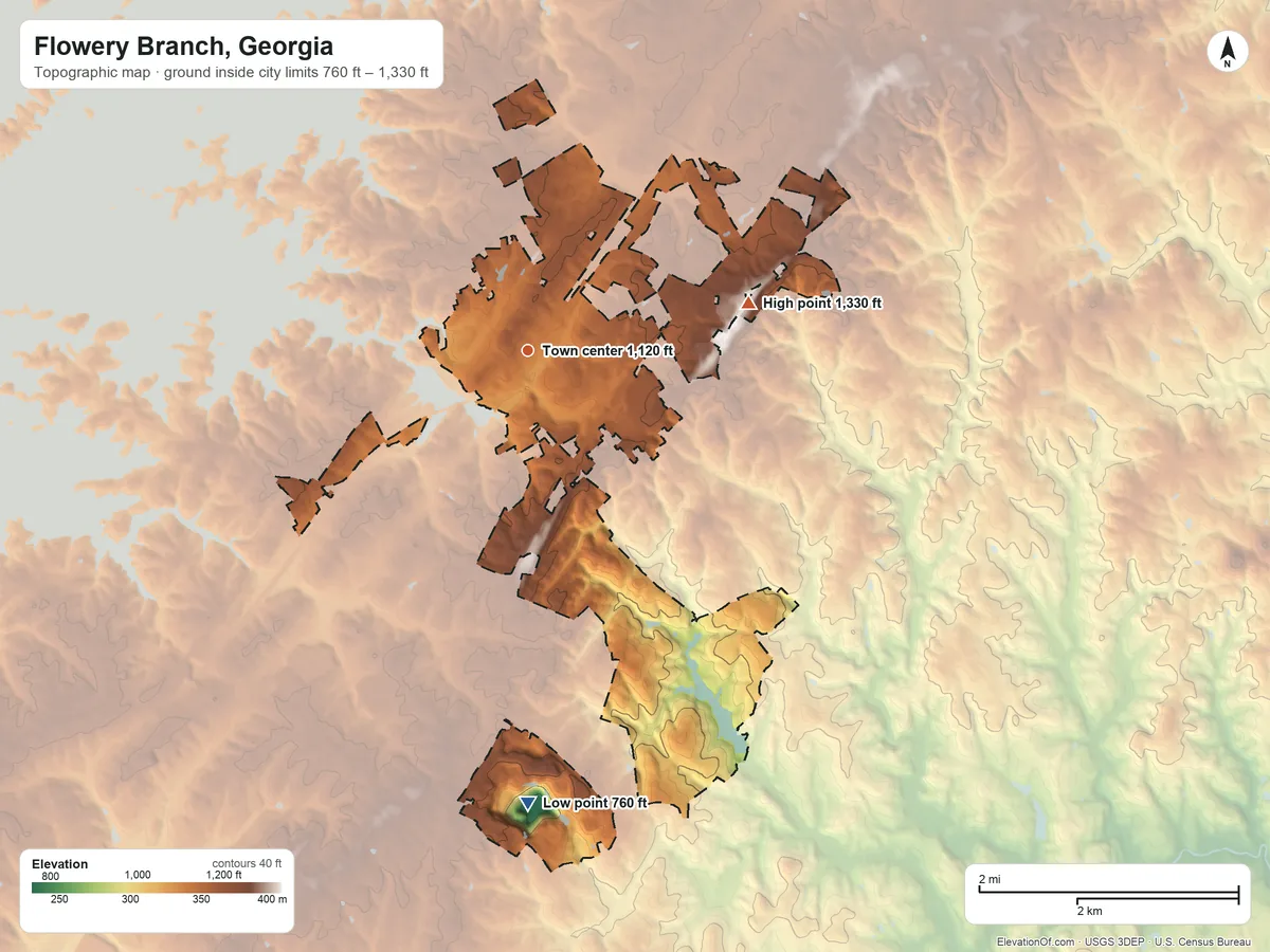 Topographic elevation map of Flowery Branch, Georgia, shaded from 760 ft on the south side to 1,330 ft on the east side