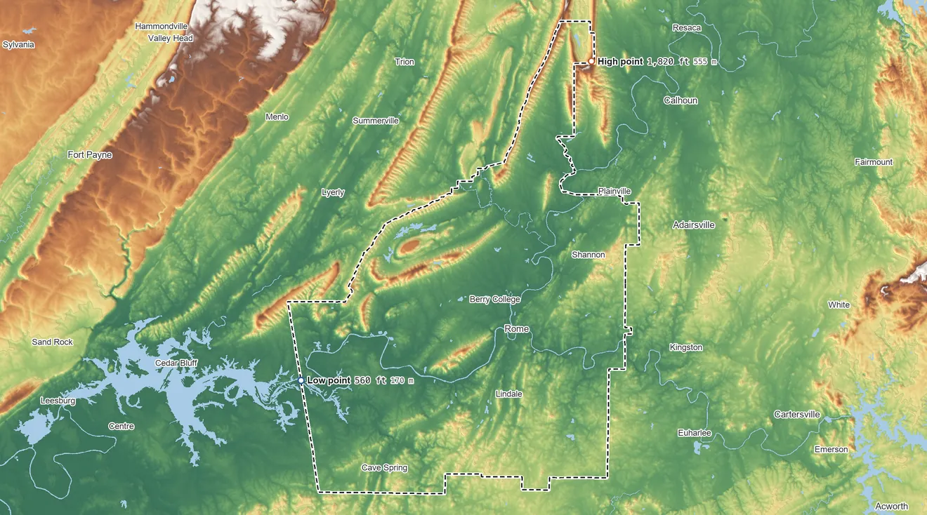 Topographic elevation map of Floyd County, Georgia, shaded from 560 ft on the southwest side to 1,820 ft on the northeast side