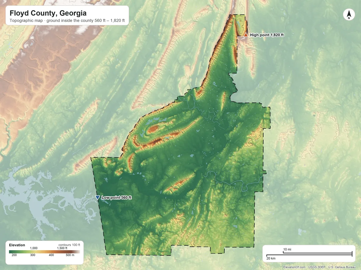 Topographic elevation map of Floyd County, Georgia, shaded from 560 ft on the southwest side to 1,820 ft on the northeast side