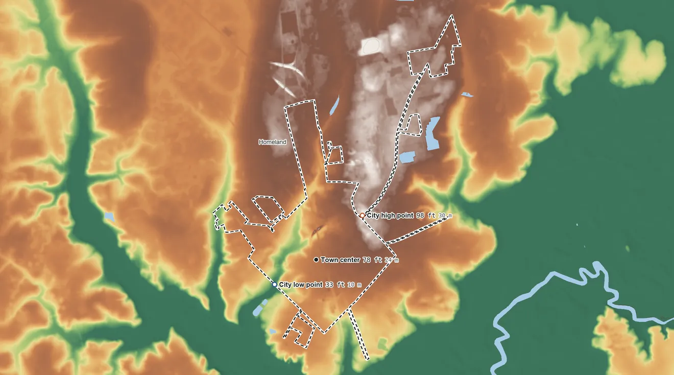 Topographic elevation map of Folkston, Georgia, shaded from 33 ft on the southwest side to 98 ft on the northeast side