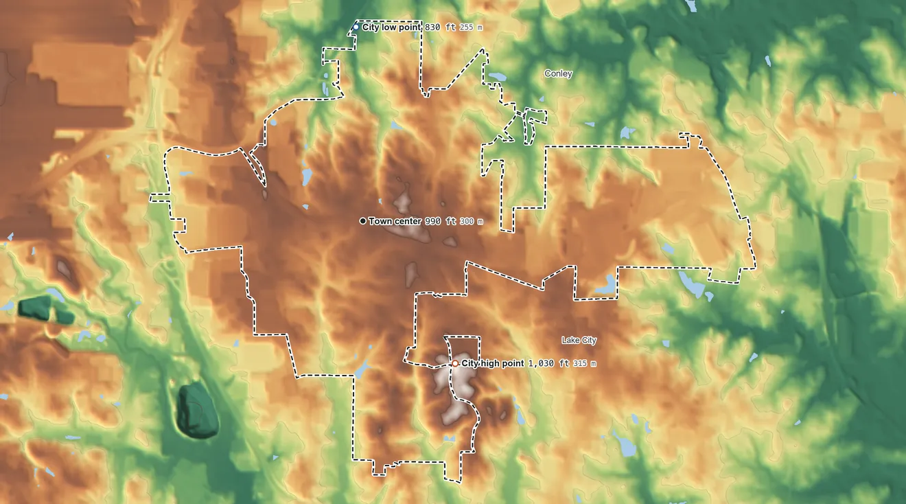 Topographic elevation map of Forest Park, Georgia, shaded from 830 ft on the north side to 1,030 ft on the southeast side
