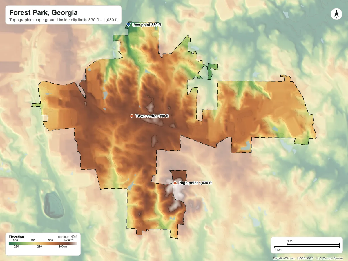 Topographic elevation map of Forest Park, Georgia, shaded from 830 ft on the north side to 1,030 ft on the southeast side