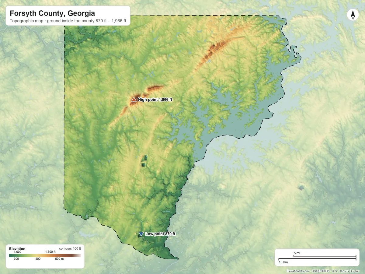 Topographic elevation map of Forsyth County, Georgia, shaded from 870 ft on the southwest side to 1,966 ft on Sawnee Mountain