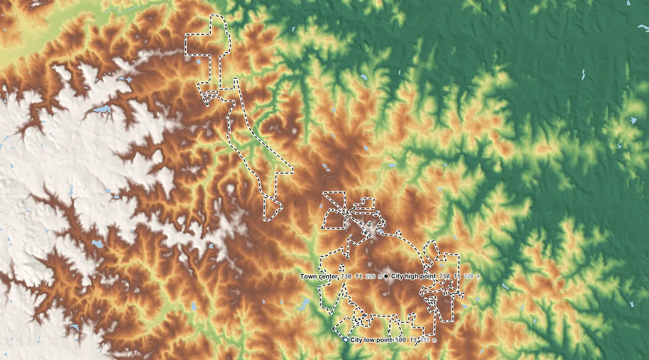 Topographic elevation map of Forsyth, Georgia, shaded from 500 ft on the southwest side to 730 ft near the middle