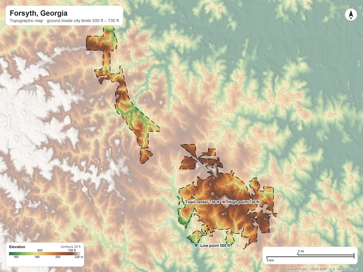 Topographic elevation map of Forsyth, Georgia, shaded from 500 ft on the southwest side to 730 ft near the middle