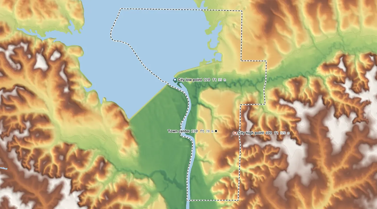 Topographic elevation map of Fort Gaines, Georgia, shaded from 120 ft on the northwest side to 400 ft near the middle