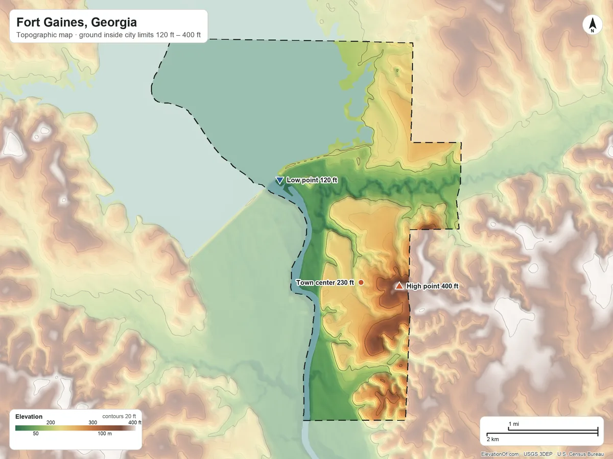 Topographic elevation map of Fort Gaines, Georgia, shaded from 120 ft on the northwest side to 400 ft near the middle