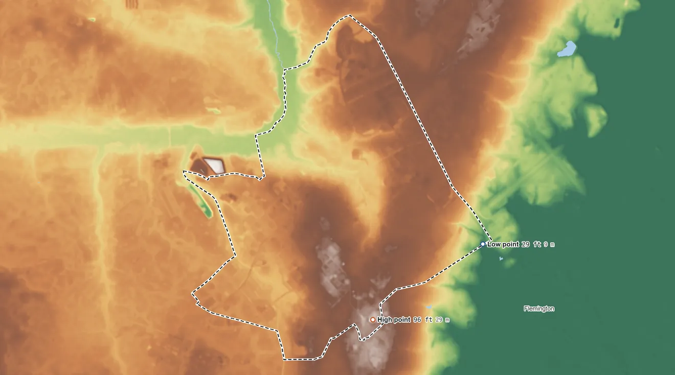 Topographic elevation map of Fort Stewart, Georgia, shaded from 29 ft on the southeast side to 96 ft on the south side