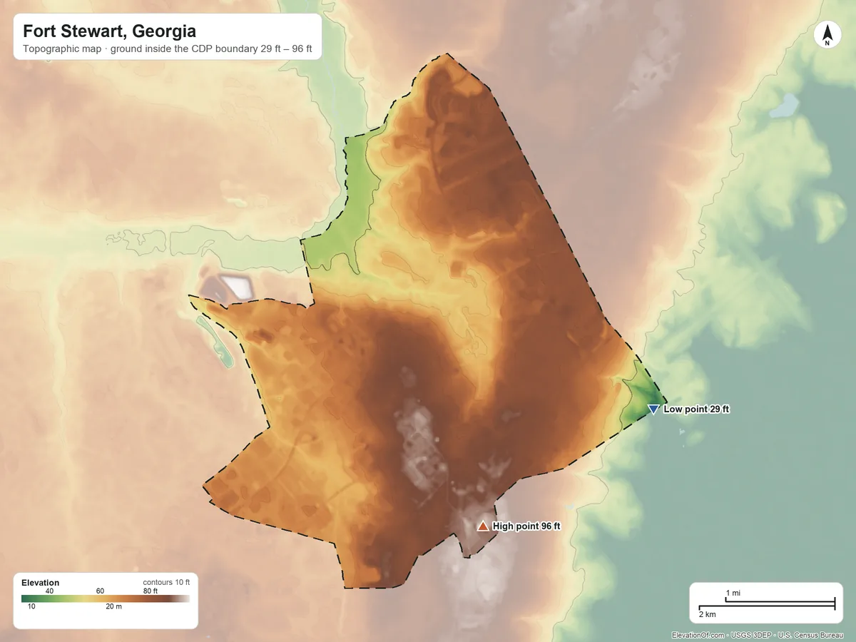 Topographic elevation map of Fort Stewart, Georgia, shaded from 29 ft on the southeast side to 96 ft on the south side