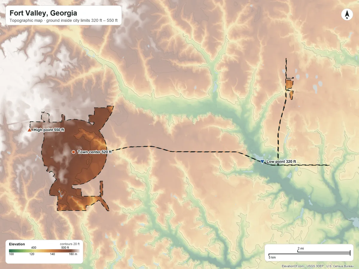 Topographic elevation map of Fort Valley, Georgia, shaded from 320 ft on the east side to 550 ft on the northwest side