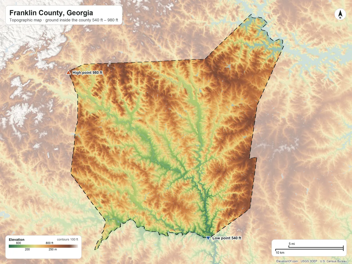 Topographic elevation map of Franklin County, Georgia, shaded from 540 ft on the south side to 980 ft on the northwest side