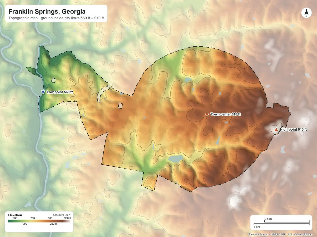 Topographic elevation map of Franklin Springs, Georgia, shaded from 560 ft on the west side to 910 ft on the east side