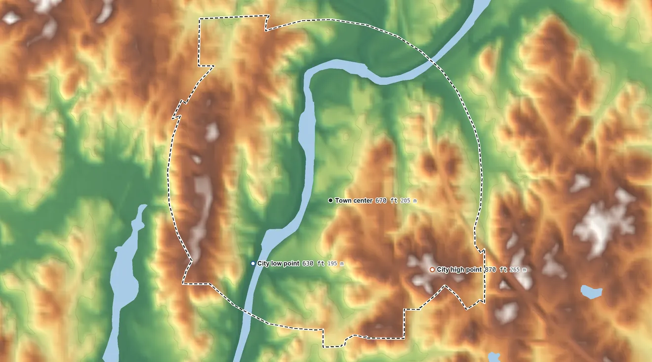Topographic elevation map of Franklin, Georgia, shaded from 630 ft on the southwest side to 870 ft on the southeast side