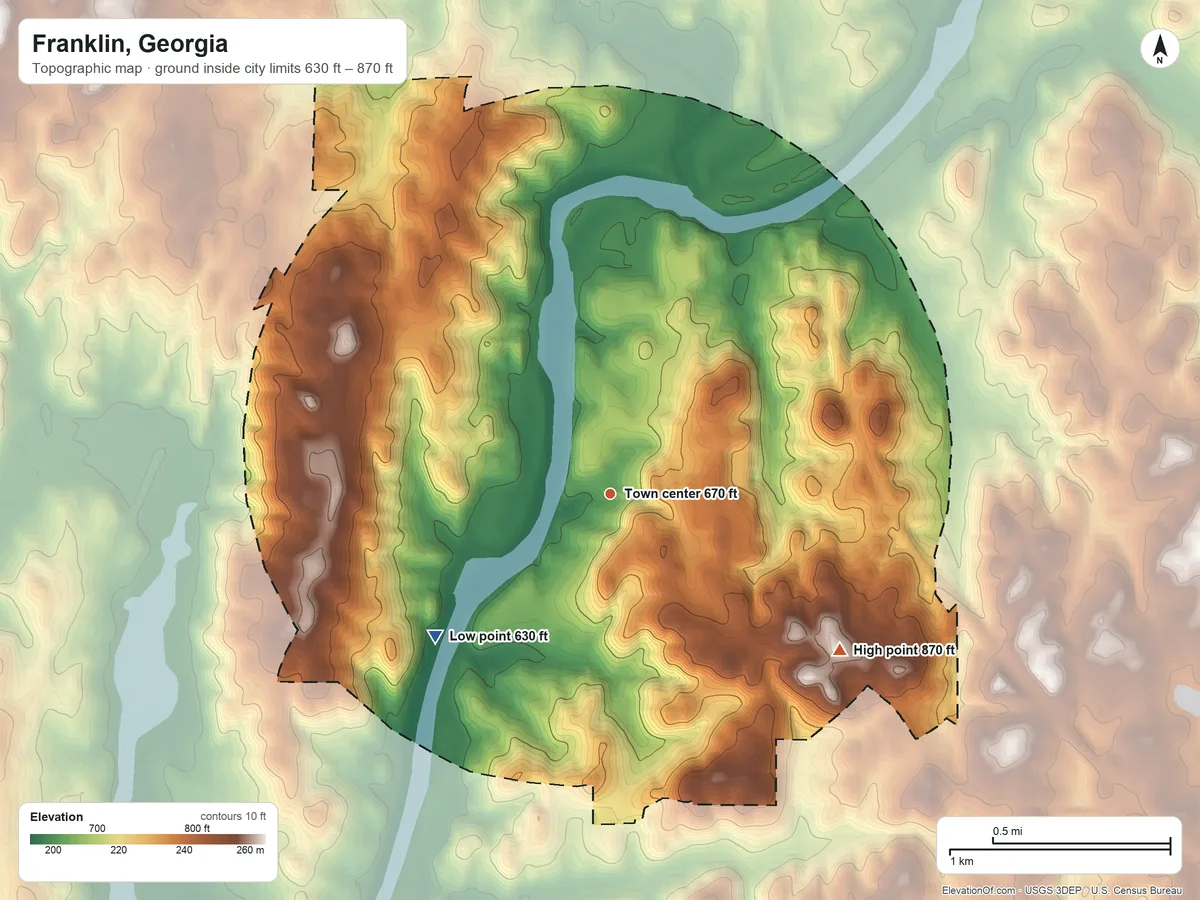 Topographic elevation map of Franklin, Georgia, shaded from 630 ft on the southwest side to 870 ft on the southeast side
