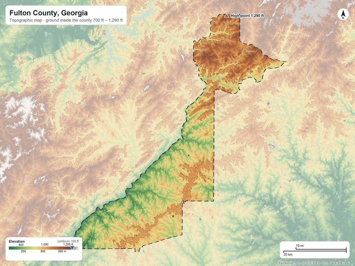 Topographic elevation map of Fulton County, Georgia, shaded from 700 ft on the southwest side to 1,290 ft on the northeast side