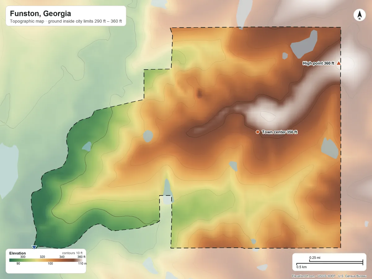 Topographic elevation map of Funston, Georgia, shaded from 290 ft on the southwest side to 360 ft on the northeast side