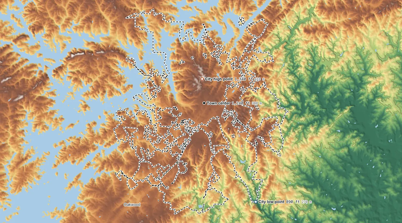 Topographic elevation map of Gainesville, Georgia, shaded from 890 ft on the southeast side to 1,340 ft near the middle