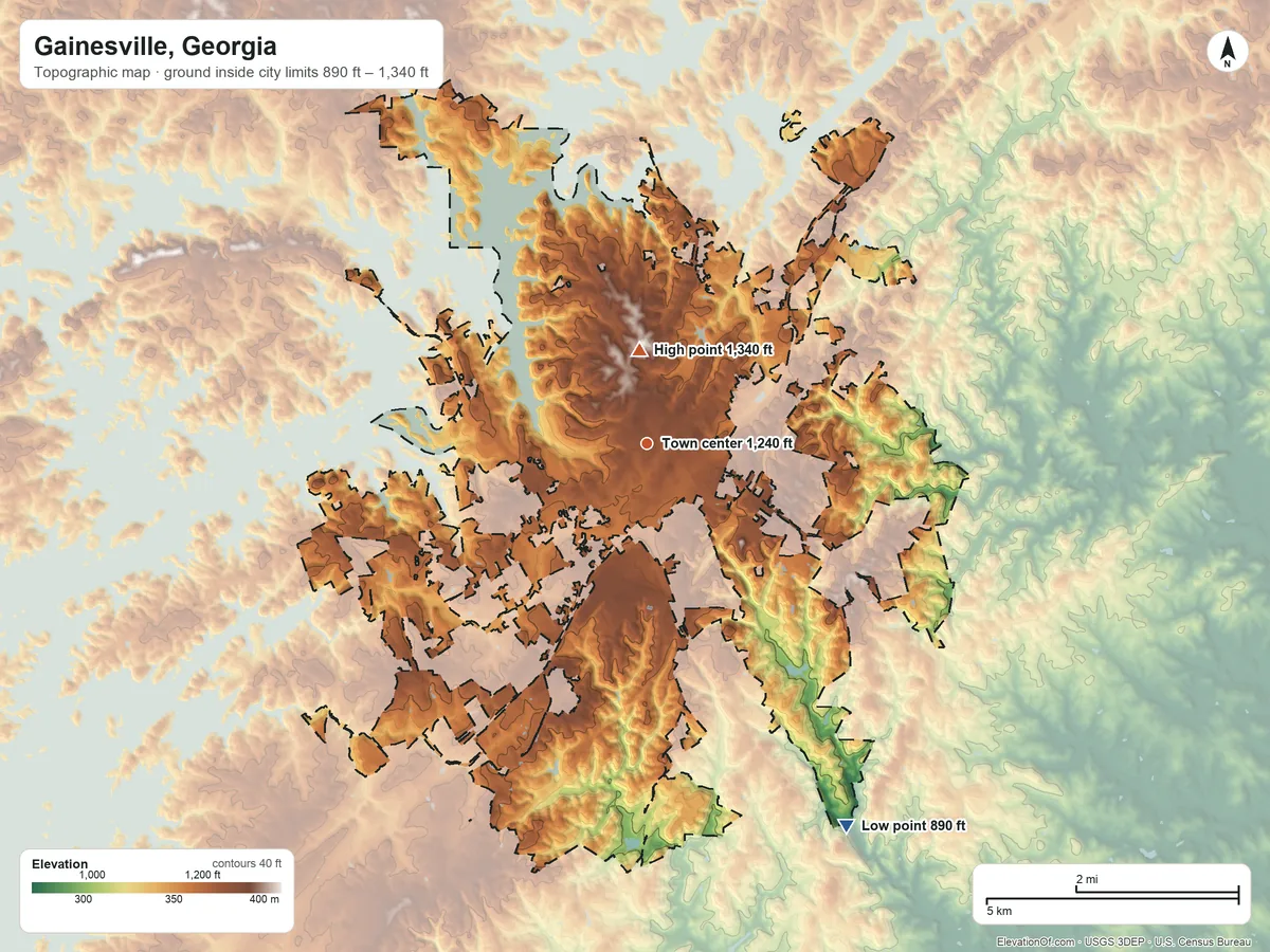 Topographic elevation map of Gainesville, Georgia, shaded from 890 ft on the southeast side to 1,340 ft near the middle