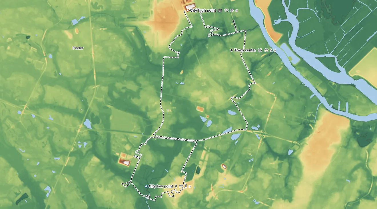 Topographic elevation map of Garden City, Georgia, shaded from 0 ft on the southwest side to 88 ft on the northwest side