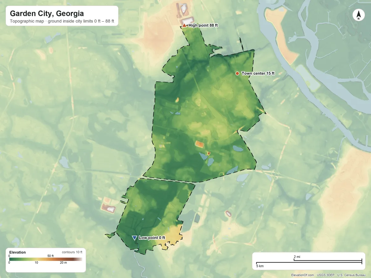 Topographic elevation map of Garden City, Georgia, shaded from 0 ft on the southwest side to 88 ft on the northwest side