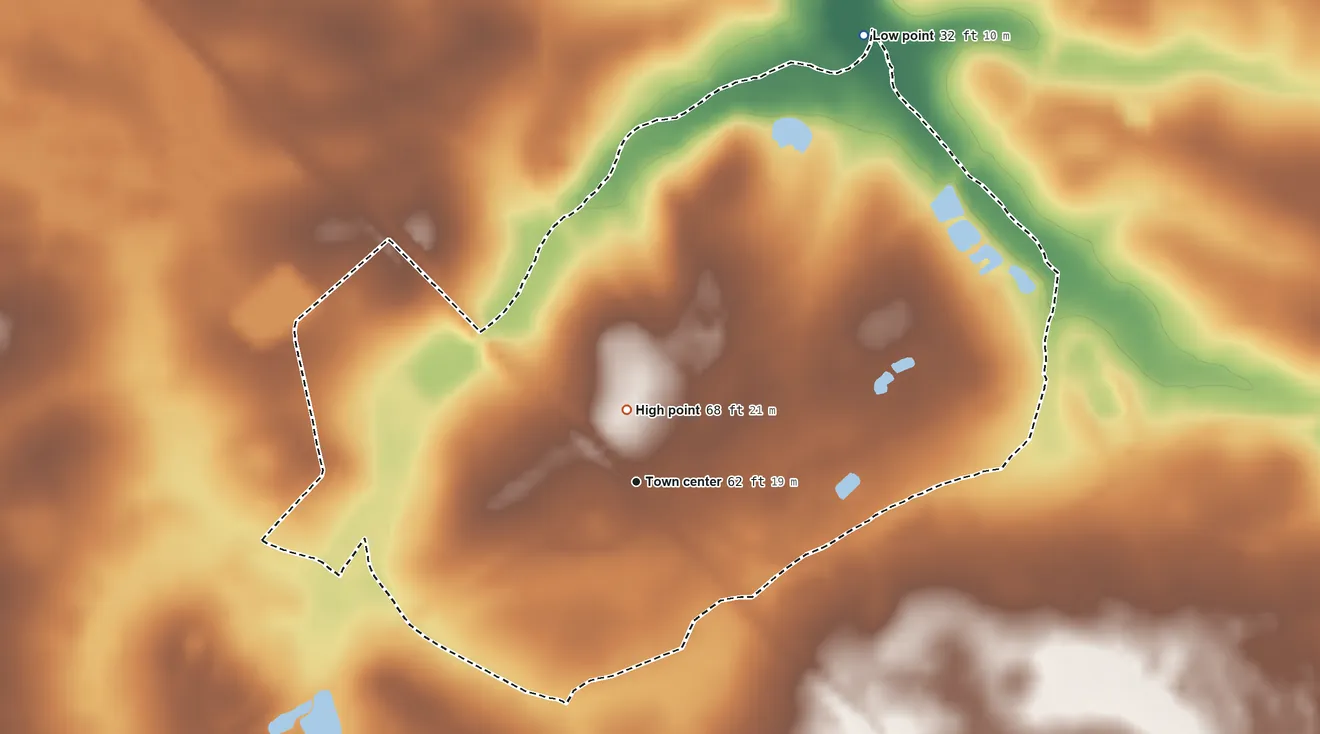 Topographic elevation map of Gardi, Georgia, shaded from 32 ft on the northeast side to 68 ft near the middle