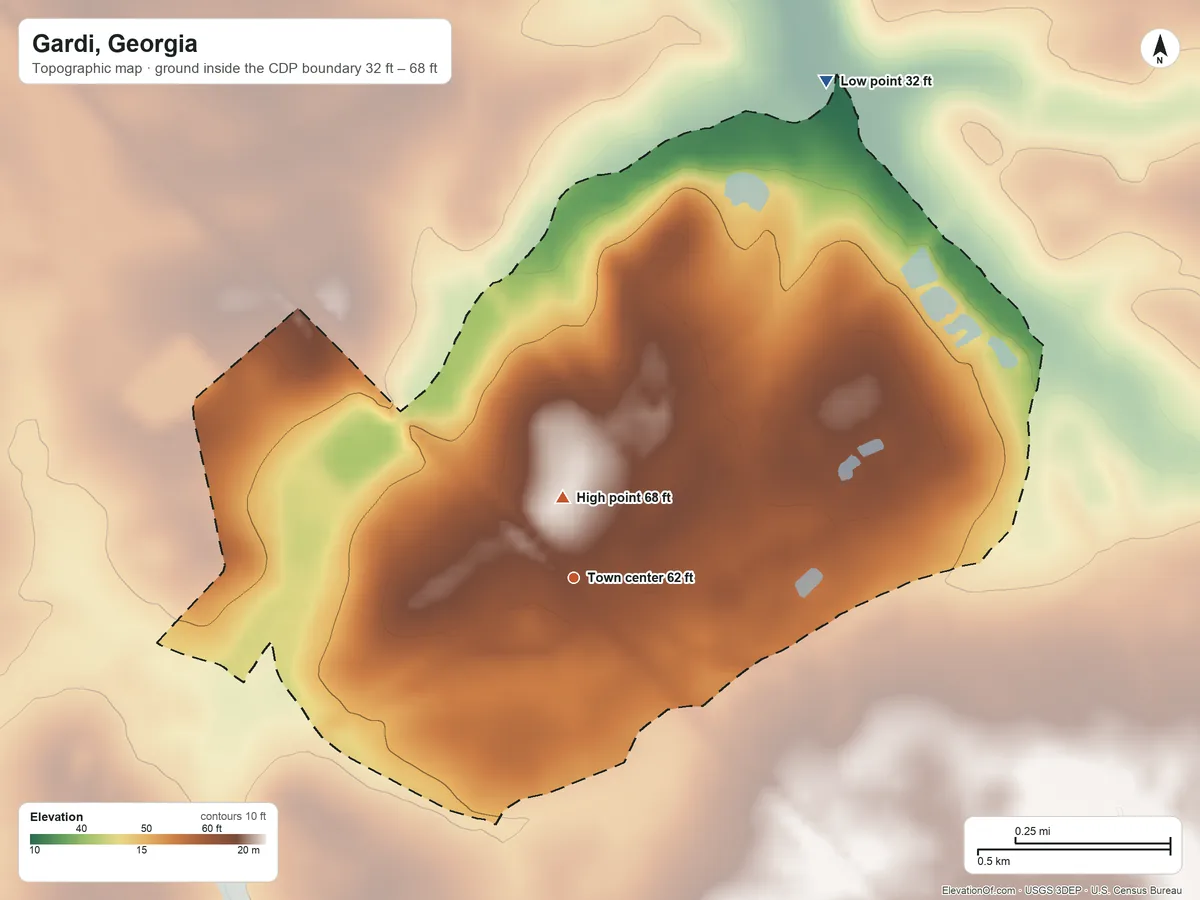 Topographic elevation map of Gardi, Georgia, shaded from 32 ft on the northeast side to 68 ft near the middle