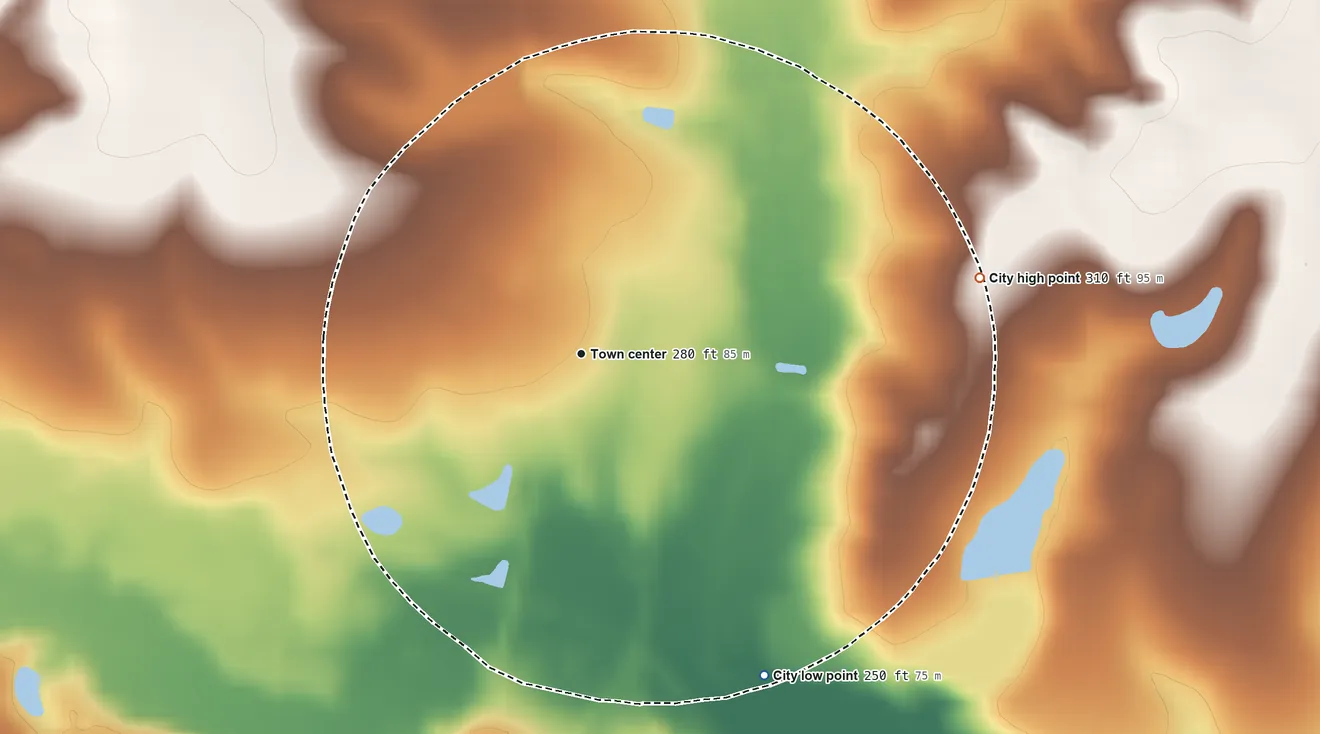 Topographic elevation map of Garfield, Georgia, shaded from 250 ft on the southeast side to 310 ft on the east side