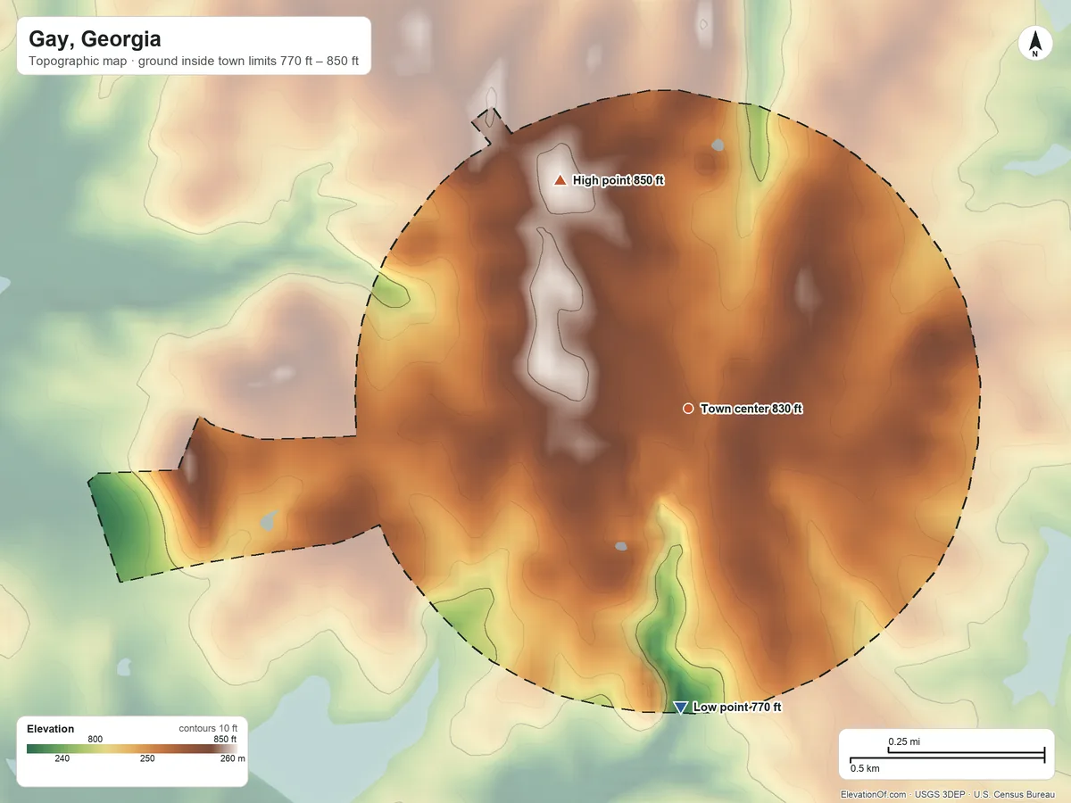 Topographic elevation map of Gay, Georgia, shaded from 770 ft on the south side to 850 ft on the northwest side