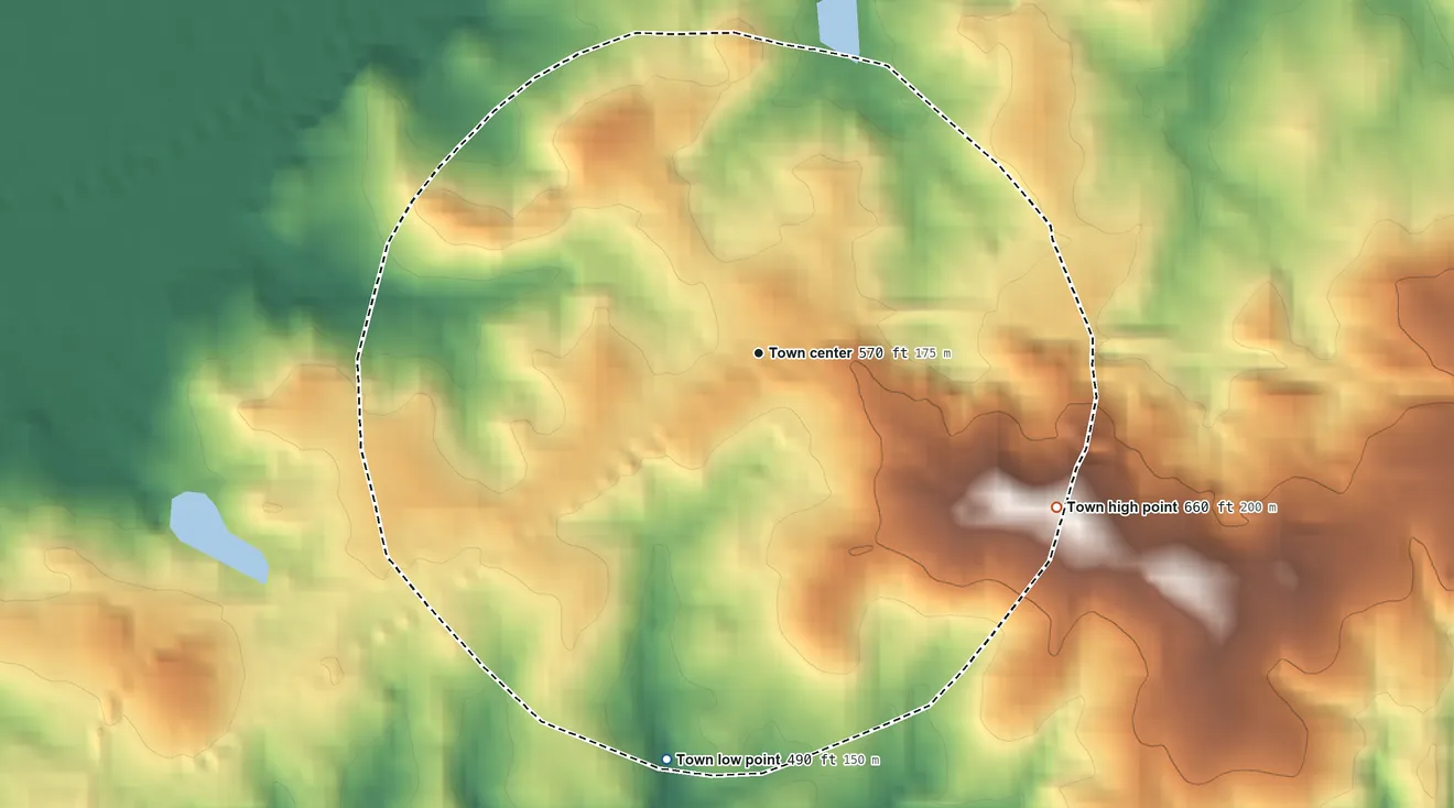 Topographic elevation map of Geneva, Georgia, shaded from 490 ft on the south side to 660 ft on the southeast side