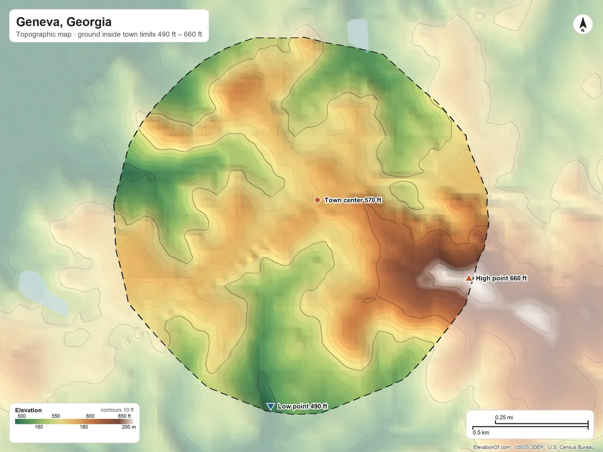 Topographic elevation map of Geneva, Georgia, shaded from 490 ft on the south side to 660 ft on the southeast side