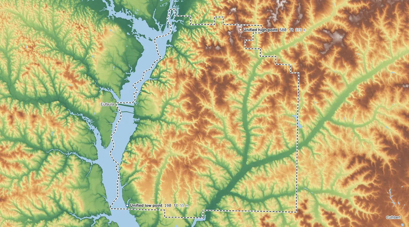 Topographic elevation map of Georgetown-Quitman County, Georgia, shaded from 190 ft on the southwest side to 580 ft on the northeast side