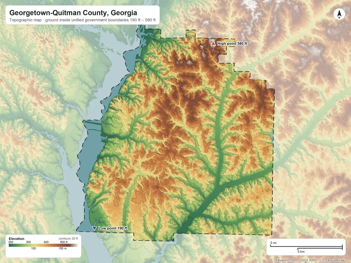 Topographic elevation map of Georgetown-Quitman County, Georgia, shaded from 190 ft on the southwest side to 580 ft on the northeast side