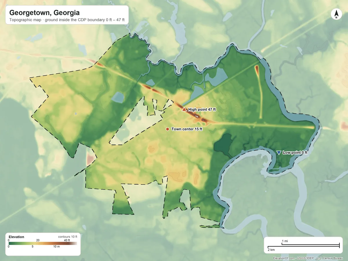 Topographic elevation map of Georgetown, Georgia, shaded from 0 ft on the east side to 47 ft near the middle