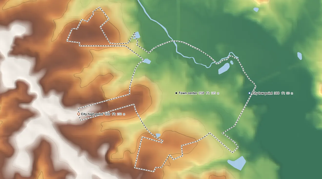 Topographic elevation map of Gibson, Georgia, shaded from 300 ft on the east side to 480 ft on the west side