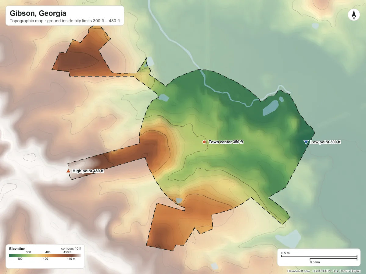 Topographic elevation map of Gibson, Georgia, shaded from 300 ft on the east side to 480 ft on the west side