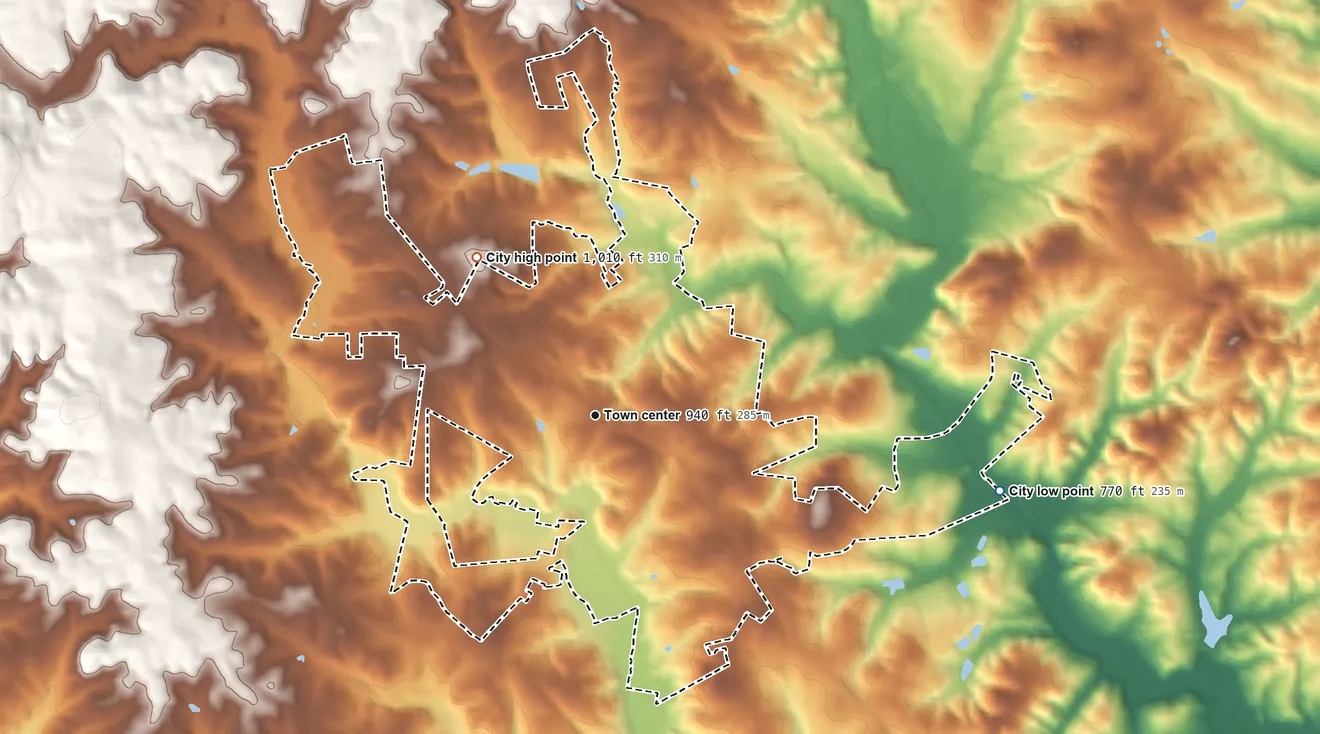 Topographic elevation map of Gillsville, Georgia, shaded from 770 ft on the east side to 1,010 ft on the northwest side