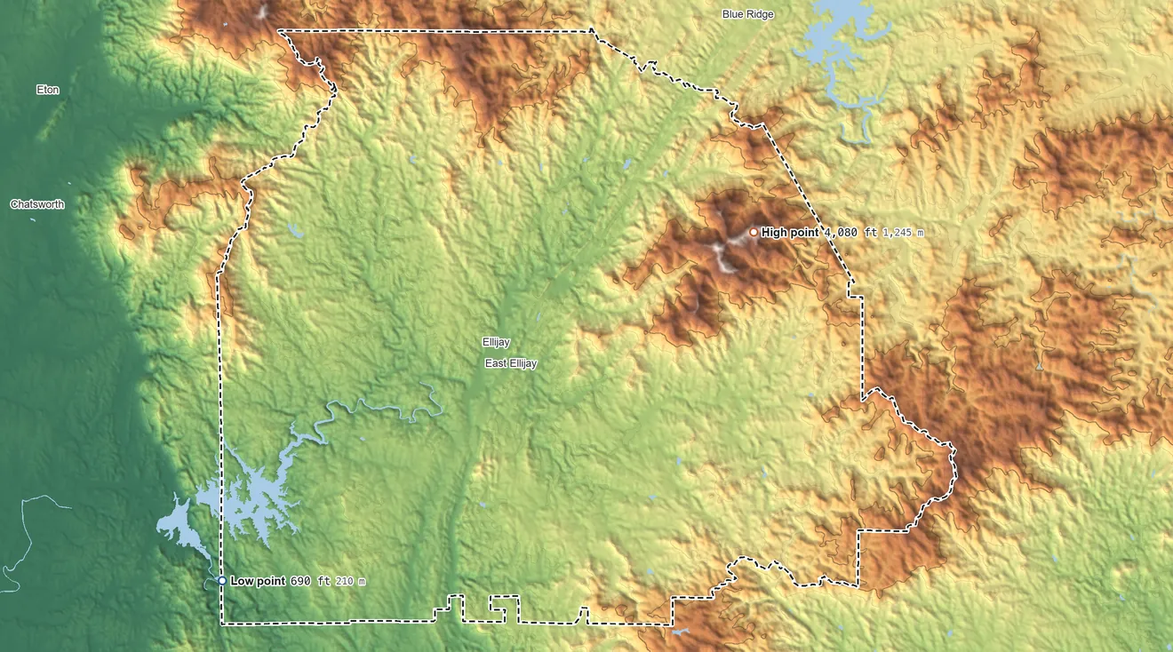 Topographic elevation map of Gilmer County, Georgia, shaded from 690 ft on the southwest side to 4,080 ft on Big Bald Mountain