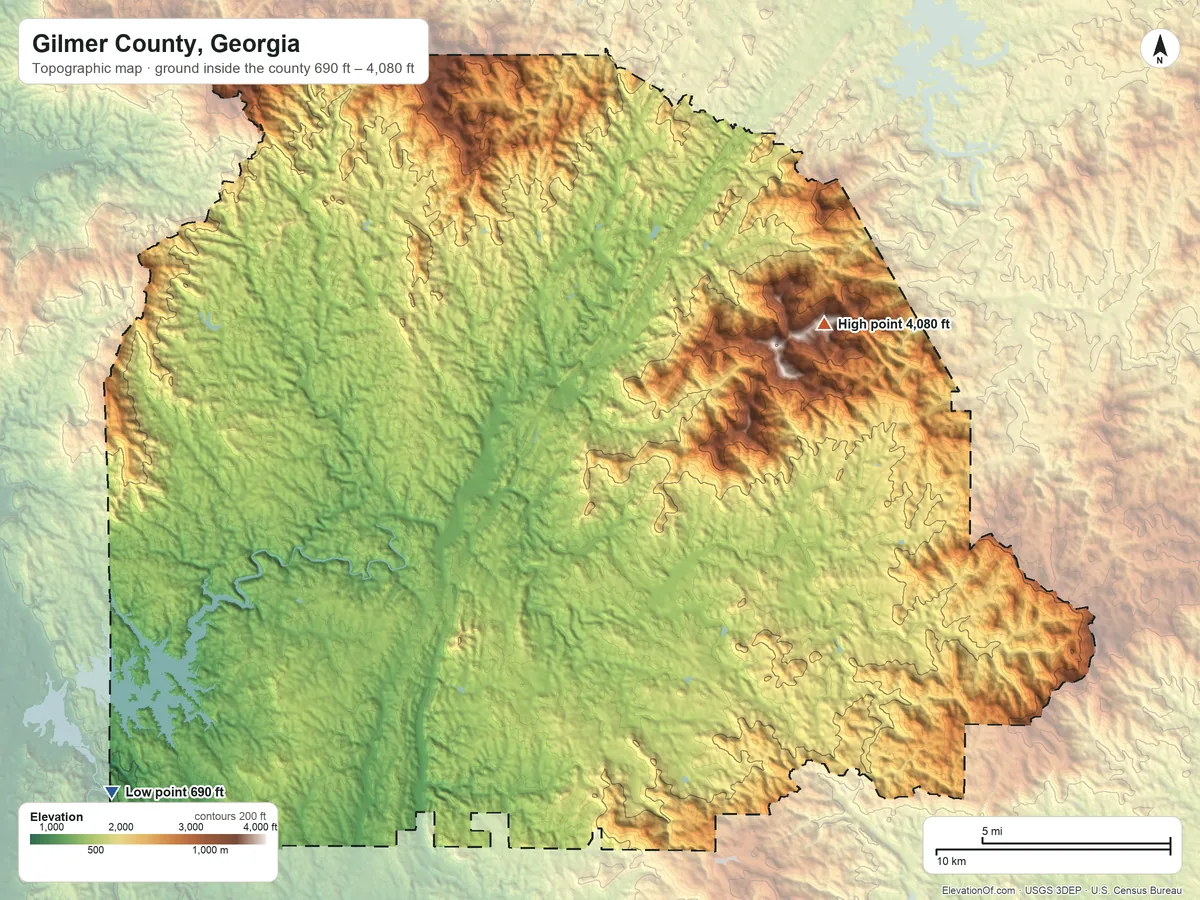 Topographic elevation map of Gilmer County, Georgia, shaded from 690 ft on the southwest side to 4,080 ft on Big Bald Mountain